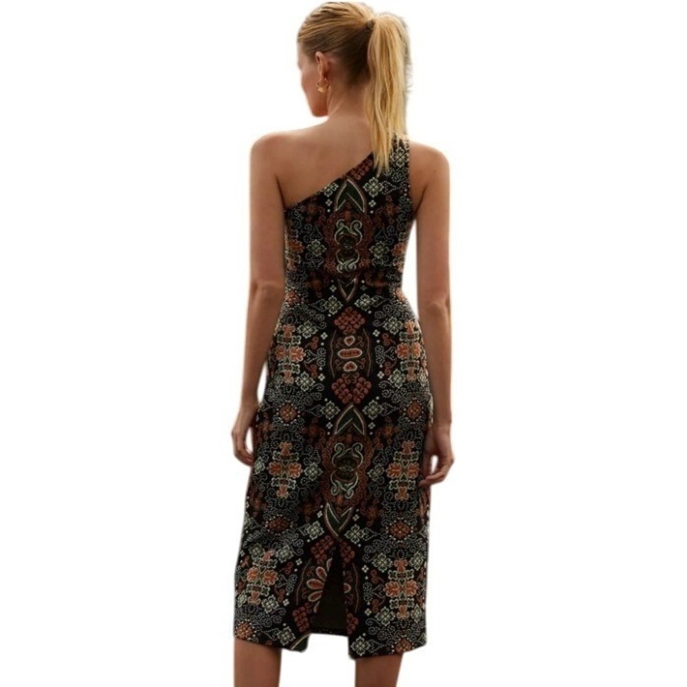 Anthropologie One Shoulder Jacquard Textured Midi Cocktail Dress Neutral Size M - Picture 2 of 9